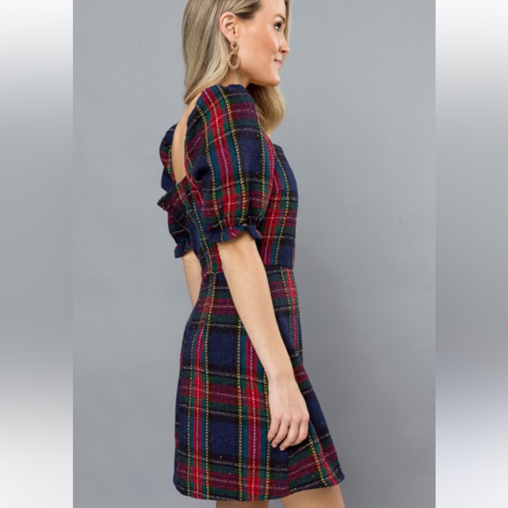 M2 NWT Vestigue HOLIDAY PLAID DRESS, NAVY/RED - Picture 2 of 10
